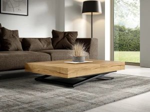 Banktisch Sun 120x80, ausziehbar auf 200 cm, Wohnzimmertisch höhenverstellbar von 27-76 cm, schwarze Metallbeine, dicke Platte, Halifax-Eiche, schwarzer Marmor, Beton, dunkle Eiche